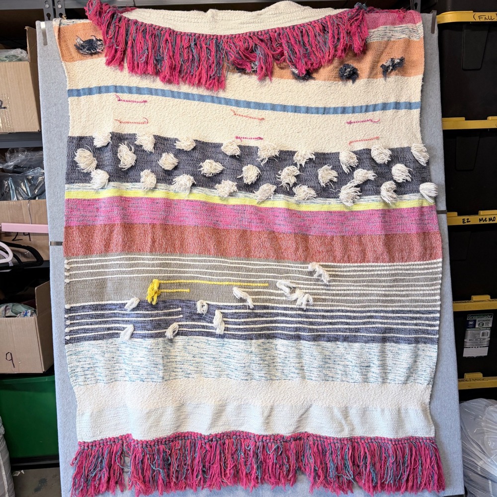 Anthropologie Textured Striped Throw Blanket Multi Color Boho Fringe 50x60 - Picture 3 of 5